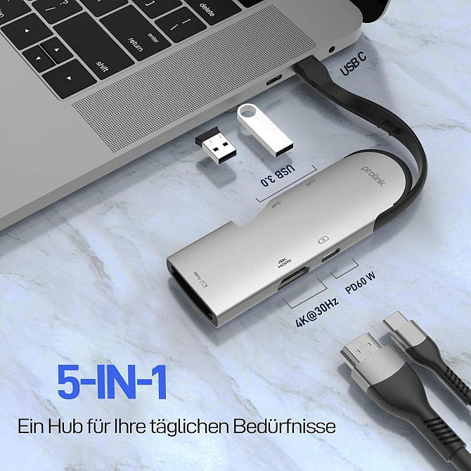 USB-хаб Prolink 5-в-1, адаптер USB-C – HDMI 4K, 2×USB 3.0, PD 60W, сумісний з MacBook, iPad, Surface Київ - фото 4