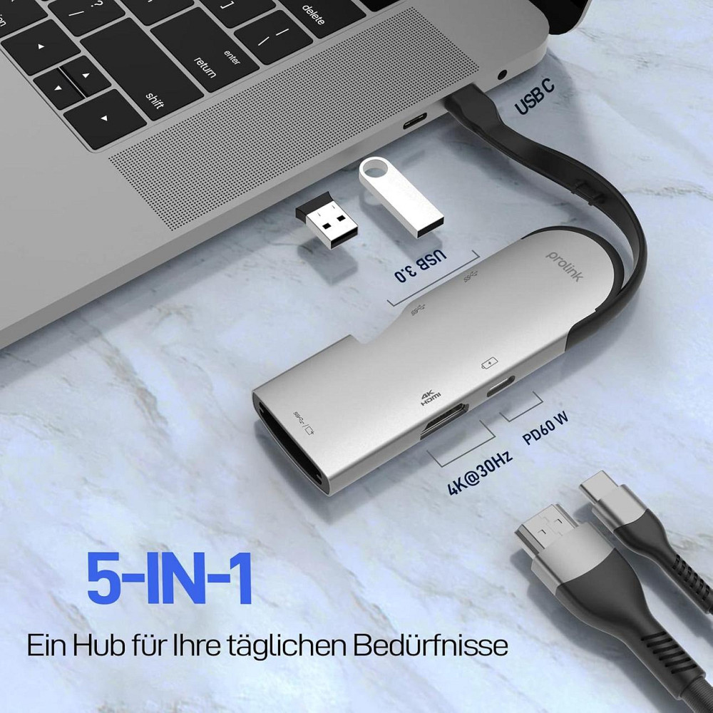 USB-хаб Prolink 5-в-1, адаптер USB-C – HDMI 4K, 2×USB 3.0, PD 60W, совместим с MacBook, iPad, Surface, Galaxy Киев - изображение 4