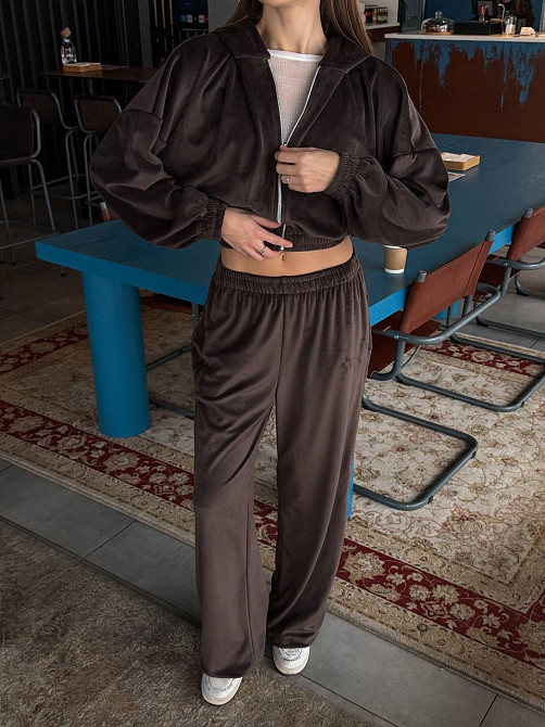 Женский повседневный велюровый костюм двойка: кофта и штаны плотный турецкий велюр Шоколадный, 42/46 Одесса - изображение 1