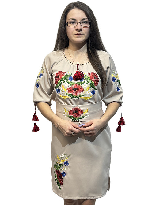 Жіноче вишите плаття з поясом з чарівними маками та смужками бежеве 44 Київ - фото 1
