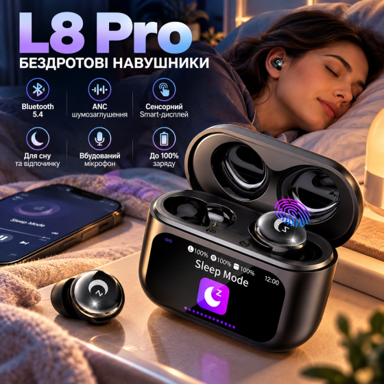 Бездротові навушники L8 Pro Bluetooth 5.4 із сенсорним Smart-дисплеєм, ANC шумозаглушенням, мікрофоном, для сну, Black Київ