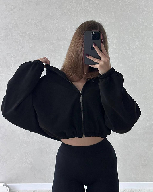 Жіноча стильна та тепла зіп-худі оверсайз тринитка на флісі Чорний Одеса - фото 3