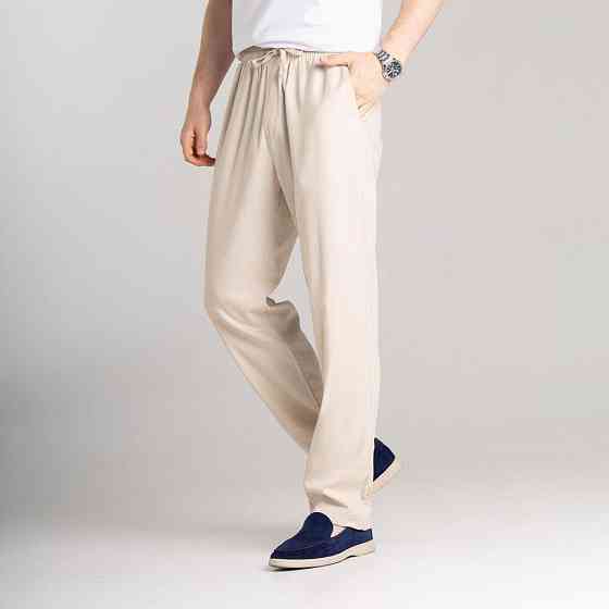 Мужские льняные брюки свободного кроя бежевые Pobedov Chill Киев