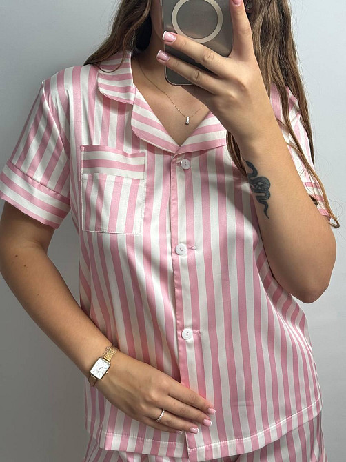 Жіноча сатінова піжама Рожевий смужка M-L Харків - фото 4