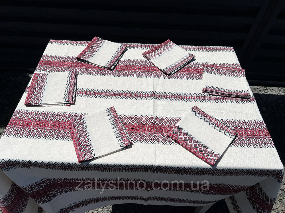 Вишита червона скатертина на льону Київ - фото 4