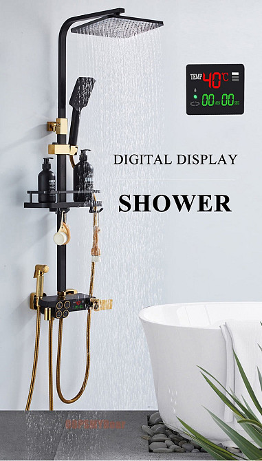 Душевая система хром черный золото,термостатический набор для душа-4 функции (992536442) Киев - изображение 1