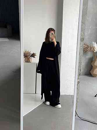 Жіночий базовий прогулянковий костюм-трійка: кімоно + футболка + палаццо турецька натуральна віскоза Чорний Одеса
