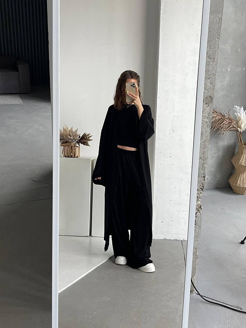 Жіночий базовий прогулянковий костюм-трійка: кімоно + футболка + палаццо турецька натуральна віскоза Чорний Одеса - фото 2