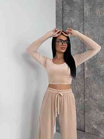 Женский прогулочный костюм двойка: лонгслив и штаны велюр Беж, 46/48 Одесса