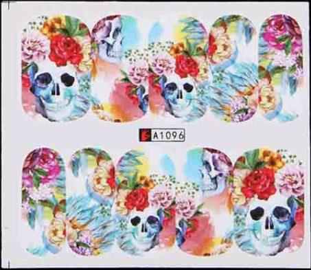 Наклейки на ногти Хеллоуин череп с цветами 5 на 6 см разноцветный Киев - изображение 1