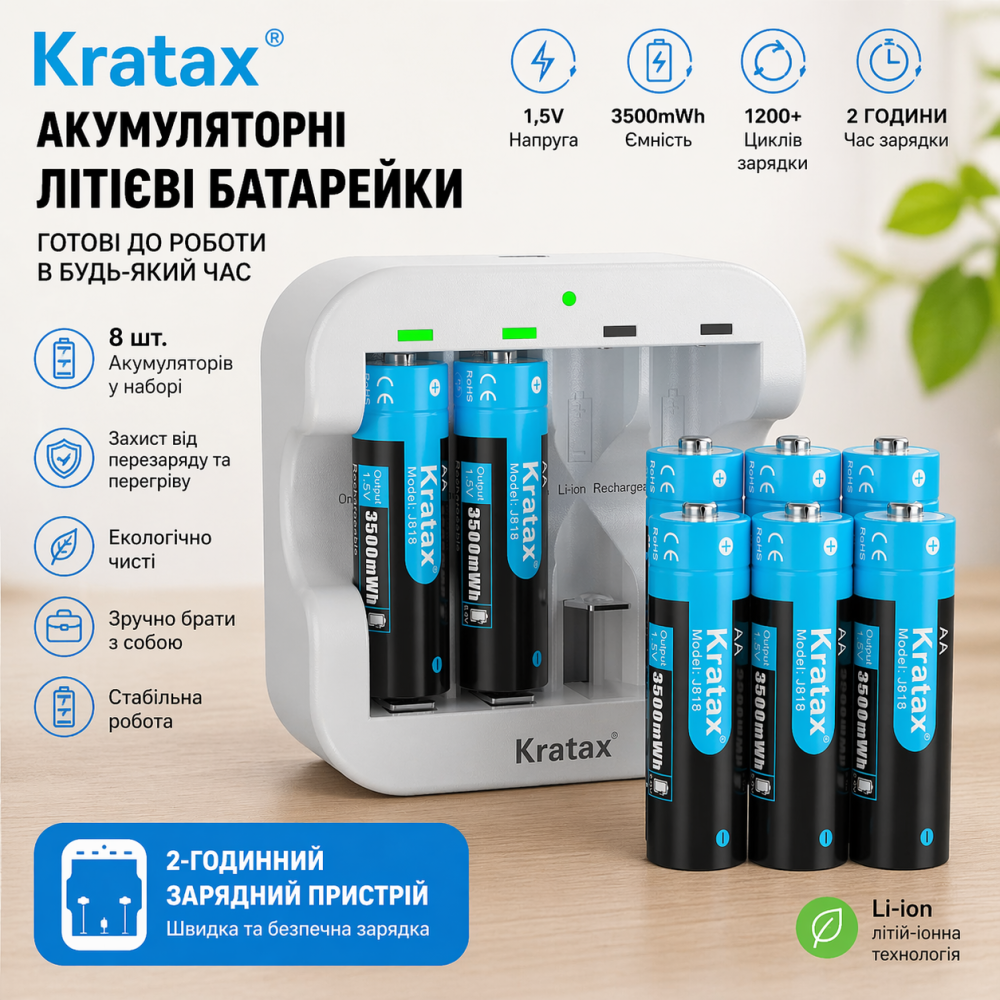 Аккумуляторные батарейки Kratax AA (8 шт) 3500 mWh 1.5V Li-ion + Быстрая зарядка | 1600 циклов | Для контроллеров и игрушек Киев - изображение 1