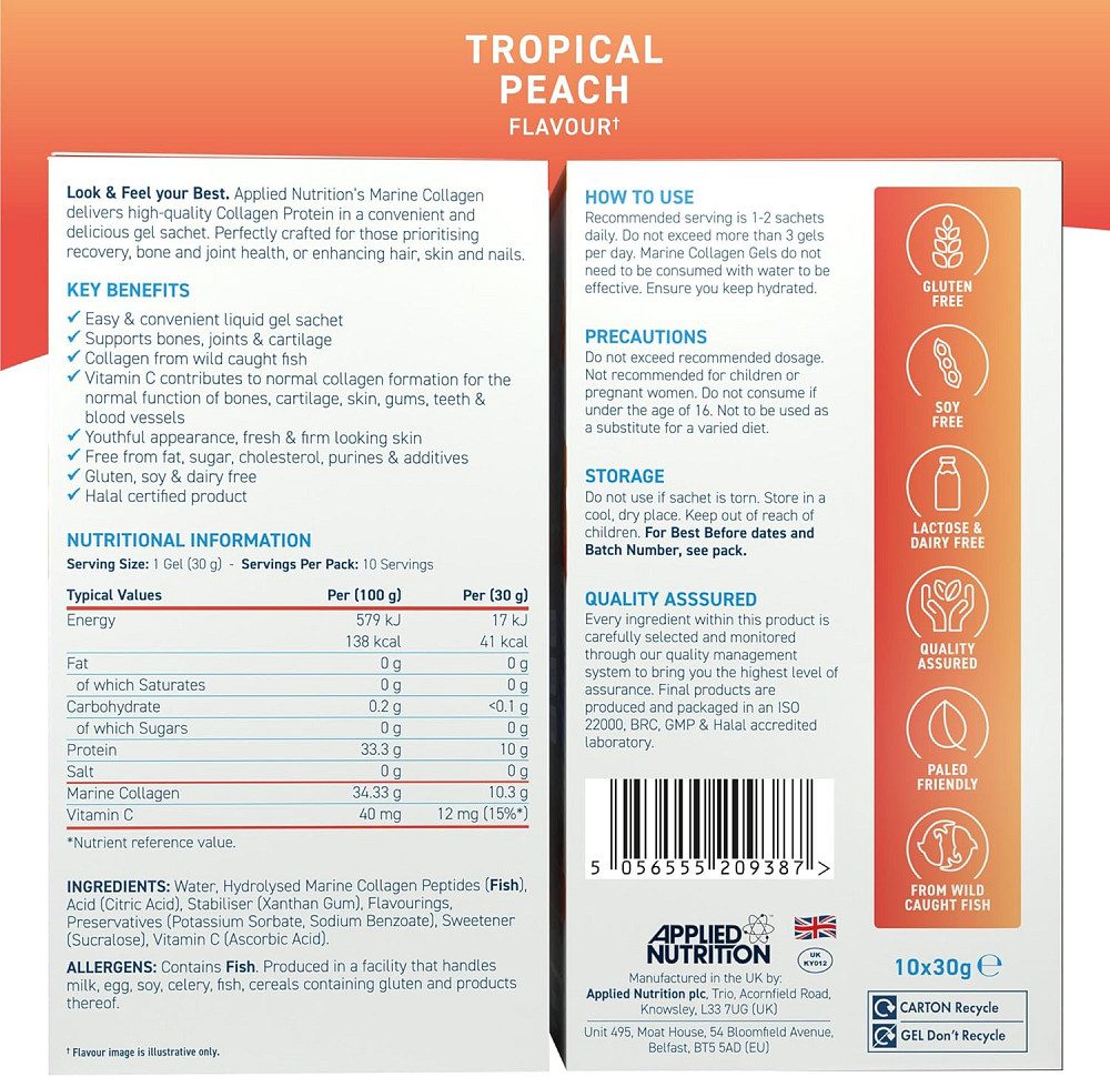 Морський колаген Applied Nutrition Liquid Marine Collagen 10 x 30 г, Ttropical peach Луцьк - фото 3