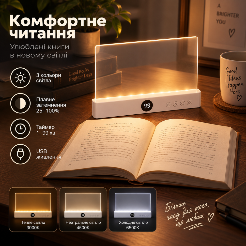 Уценка Плоская лампа для чтения книг USB, 3 цвета 3000–6500K, плавное затемнение 25–100%, таймер 1–99 мин, белая Киев - изображение 2
