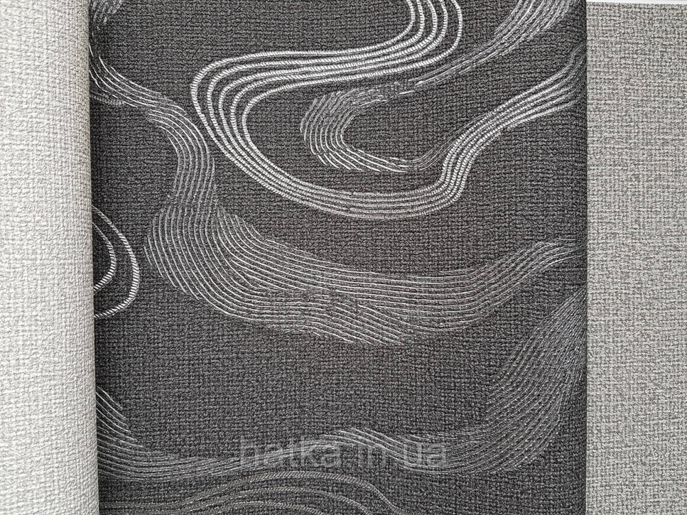 Шпалери вінілові на флізеліні Marburg Kumano 1.06х10 абстракція хвилі структурні сріблясті на чорному 34587 Київ - фото 2