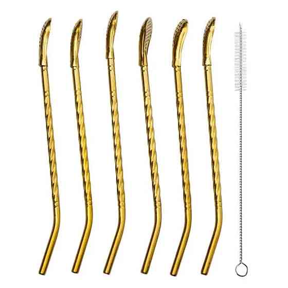 Набір багаторазових ложок-трубочок 6 шт для напоїв 19.5 см зі щіткою для миття з нержавіючої сталі Бронзовий HP-20-55 Коломия