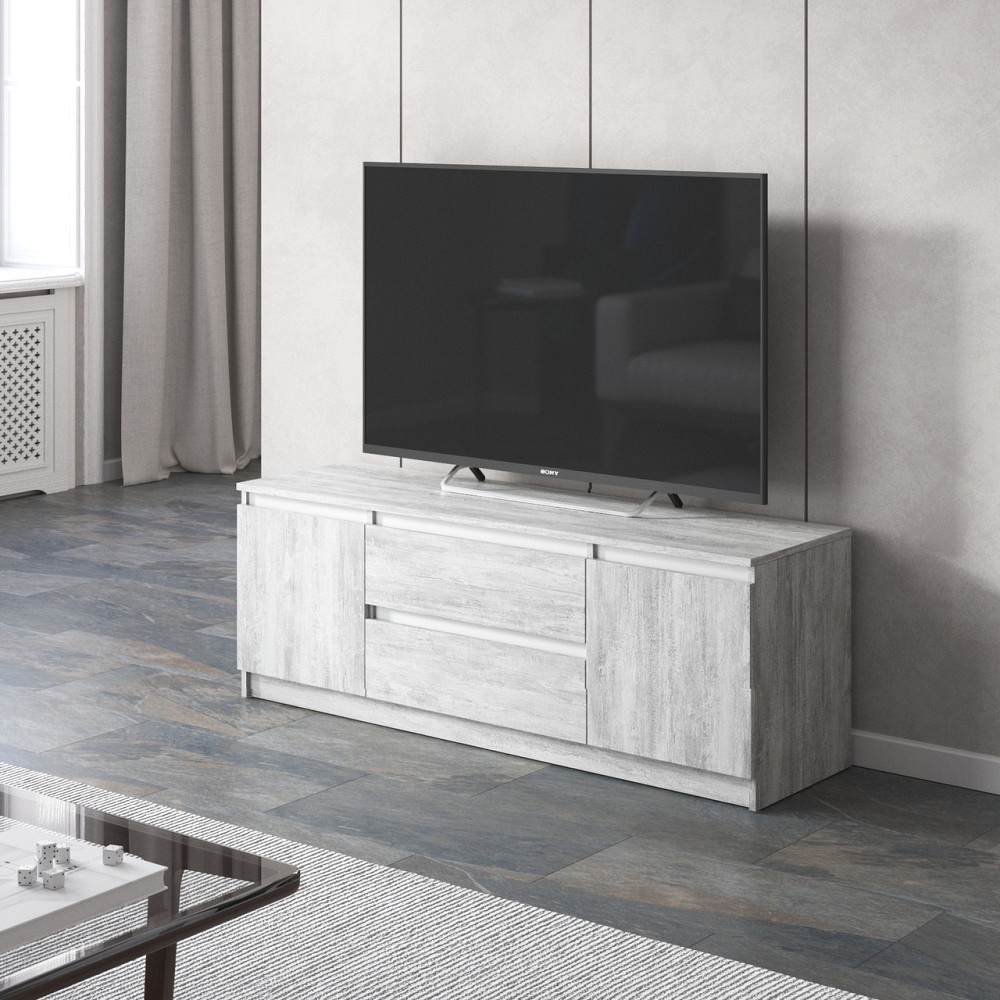 Тумба под телевизор VAYS, для гостиной, современная, 2 выдвижных ящика и две двери, без ручек R-28 Бетон-Белые планки Львов - изображение 1