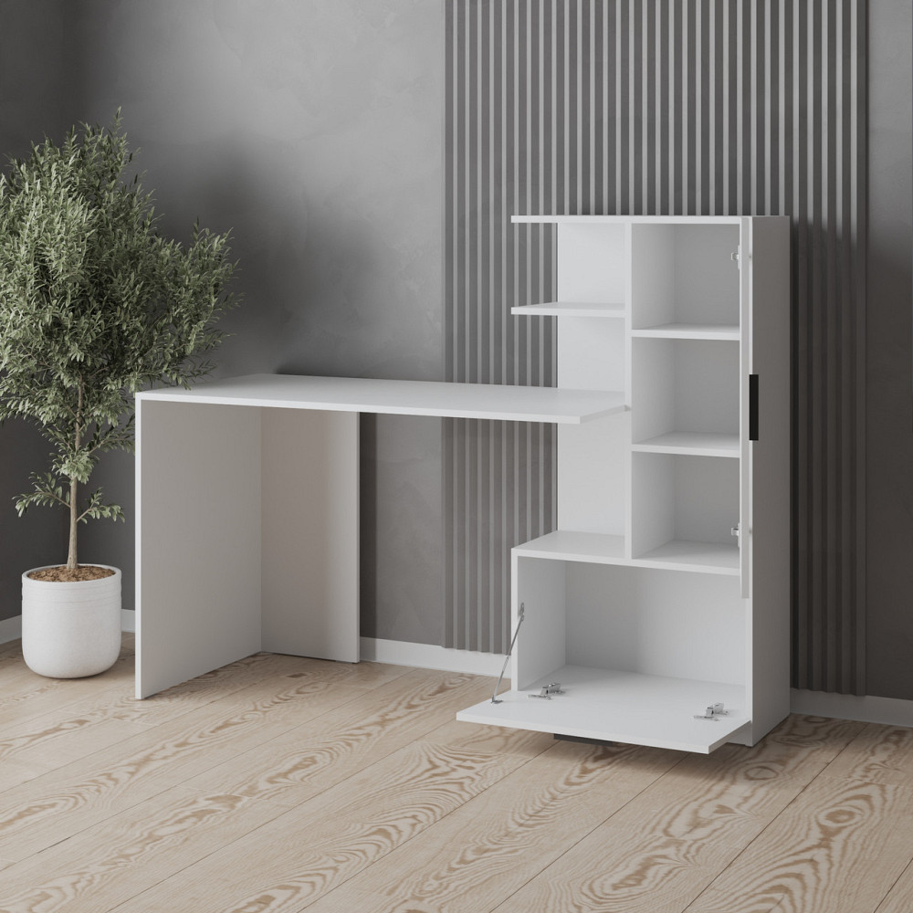 Компьютерный стол VAYS M-52 Дуб Сонома-Белый, с тумбой и полками направо, письменный стол для дома и офиса, ЛДСП, 150×58×122 см Дуб Сонома-Белый Львов - изображение 2