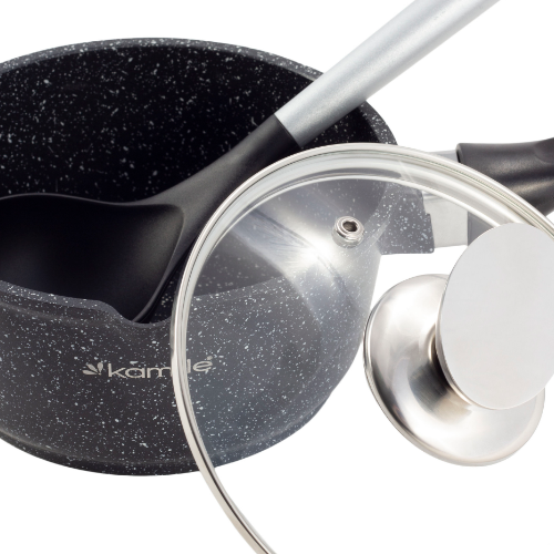 Ковш литий алюміній 1,35л d16*8см скляна кришка антипригарне покриття чорний мармур 4436 KAMILLE Житомир - изображение 3