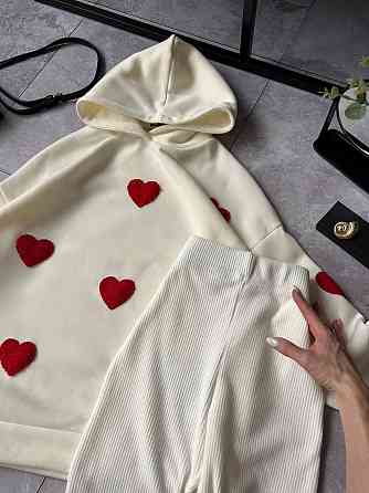 Жіночий теплий прогулянковий костюм двійка з сердечками трьохнитка на флісі + ангора рубчик Одеса