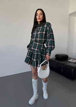 Жіночий стильний костюм-двійка: сорочка та спідниця в карту тіар Зелений, 46/48 Одеса