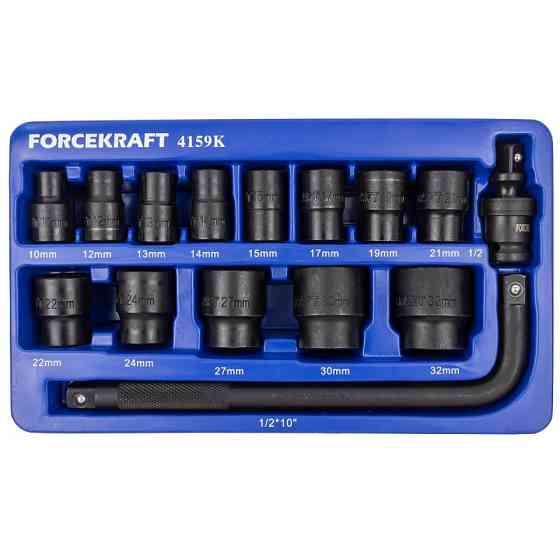 Набір головок ударних 15 предметів 1/2'' (6-гр.) (10,12-19,21,22,24,27,30,32мм) в ложементі FORCEKRAFT FK-4159K Одеса