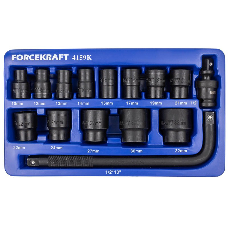 Набір головок ударних 15 предметів 1/2'' (6-гр.) (10,12-19,21,22,24,27,30,32мм) в ложементі FORCEKRAFT FK-4159K Одеса - фото 1