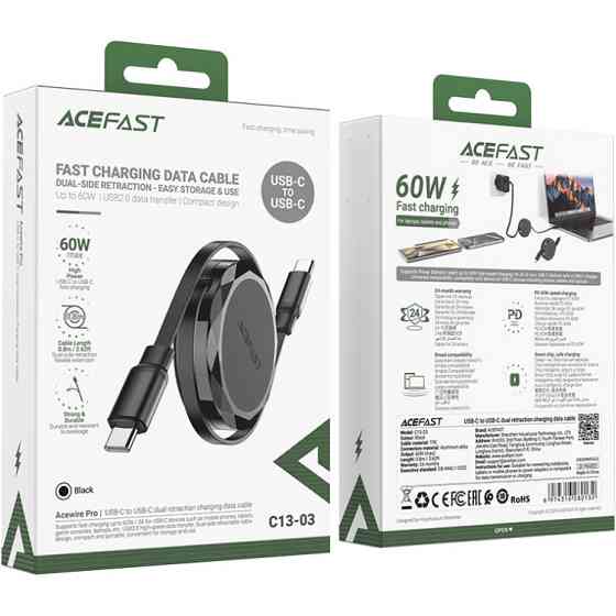 Кабель USB 2.0 Type-C M-M, 0.8м 60W dual retraction Black, C13-03 Acefast Вінниця