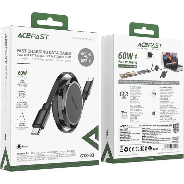 Кабель USB 2.0 Type-C M-M, 0.8м 60W dual retraction Black, C13-03 Acefast Вінниця - фото 4