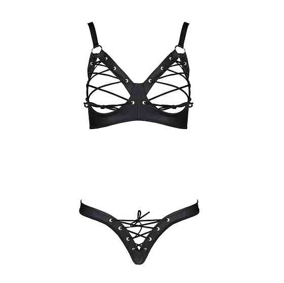 Комплект из экокожи Passion CELINE BIKINI 6XL/7XL black, открытый бра, стринги со шнуровкой Sex Aura Киев