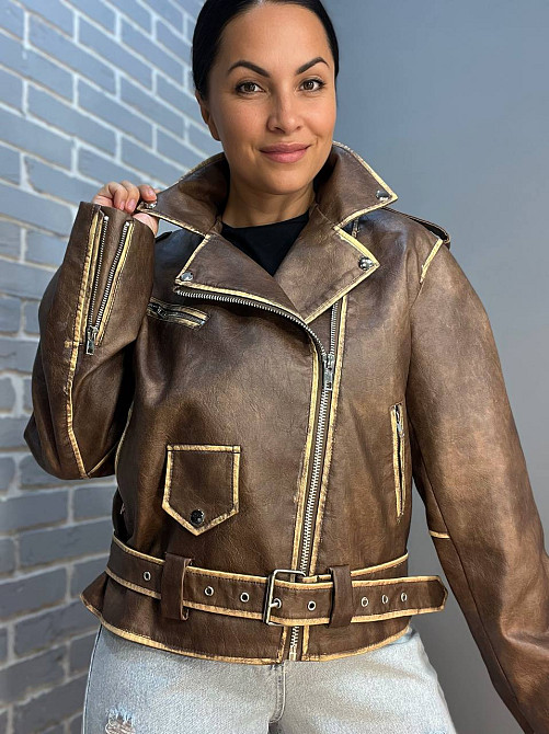 Куртка женская Aftf Basic 2456 косуха молнии пояс вареные швы экокожа коричневая, коричневый, L Киев - изображение 14