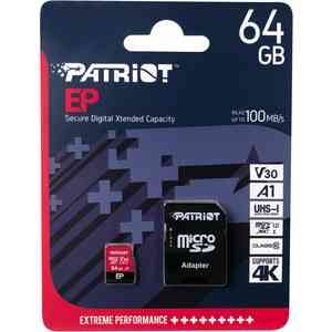Карта пам'яті microSDXC (UHS-1 U3) Patriot EP Series 64Gb class 10 V30 (R-100MB/s, W-80MB/s) (adapter SD) Київ