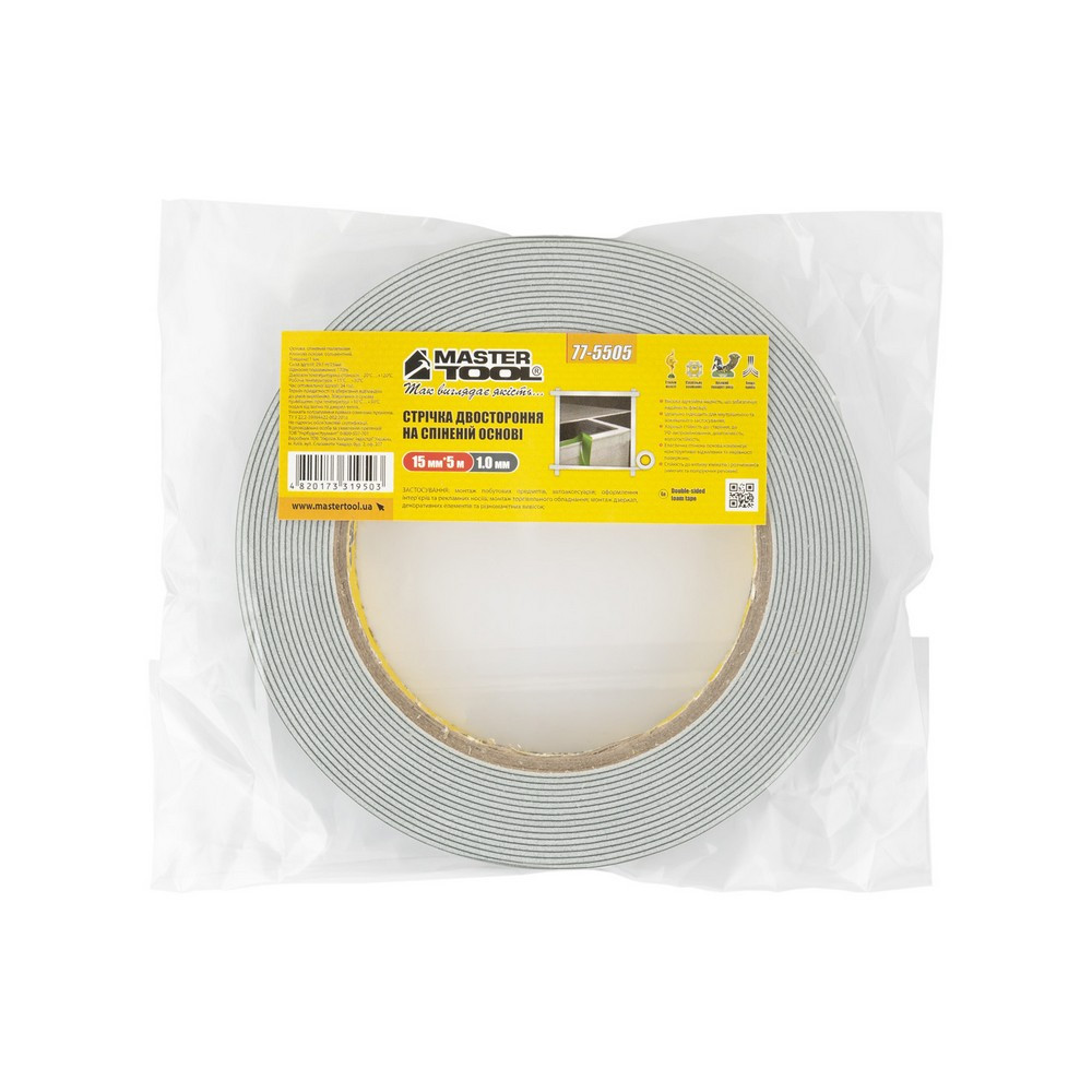 MASTERTOOL Стрічка двостороння MASTERTOOL на спіненій основі 15 мм 5 м 77-5505 Киев - изображение 3