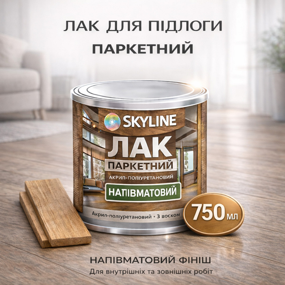 Лак для підлоги напівматовий Skyline паркетний, акрил-поліуретановий, водний, зносостійкий, без запаху, 750 мл Харків - фото 1