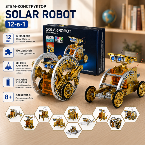 STEM-конструктор OMWay Solar Robot 12-в-1, 190 деталей, солнечное и батарейное питание, робот для детей 8+ Киев