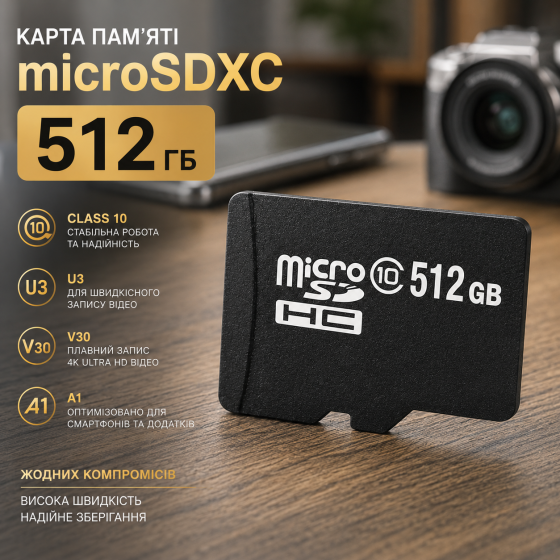 Карта пам'яті microSDXC 512 ГБ Class 10 U3 V30 A1 універсальна флешка для смартфонів камер та відеореєстраторів Київ