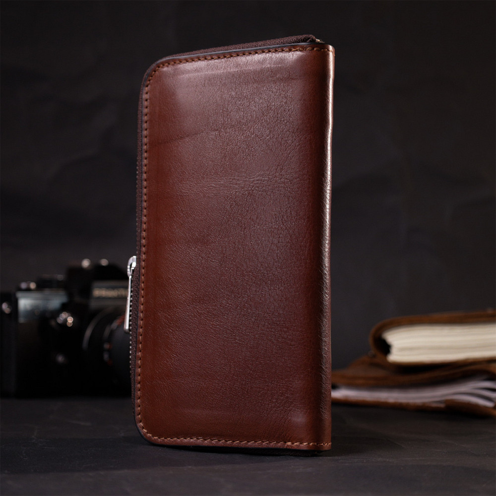 Удобный кошелек-клатч на молнии из натуральной кожи GRANDE PELLE 11659 Коричневый Киев - изображение 9