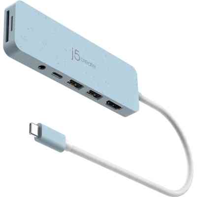 Концентратор J5create USB-C 6-in-1 2xUSB 3.2 + USB-C PD + HDMI 4K + SD/TF + 3.5mm cyan (JCD373EC-N) Винница