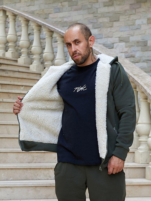 Мужской теплый костюм двойка трехнитка на флисе с мехом овчины Хаки, 58 Одесса - изображение 3