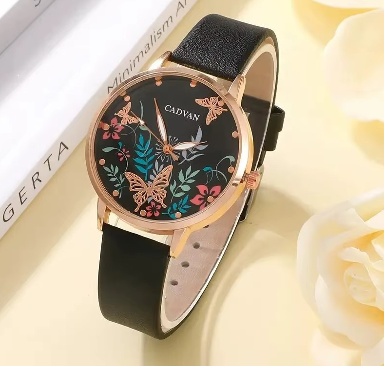 Жіночий подарунковий набір Elegant Bloom наручний годинник з квітковим циферблатом та комплект браслетів чорний Київ - фото 3