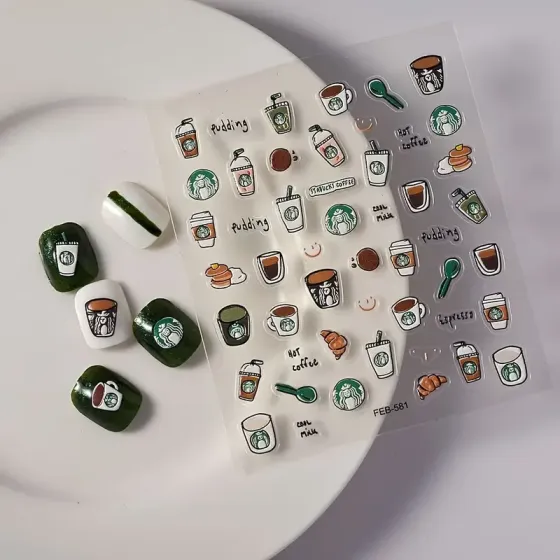 3D стікери для манікюру “Кава та десерти” – об’ємні наклейки з чашками та солодощами Київ