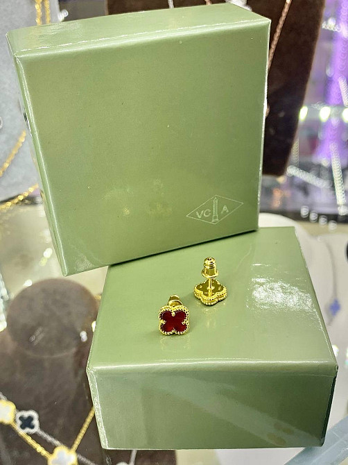 Сережки Ван Кліф бордові в лимонному золоті Одеса - фото 2