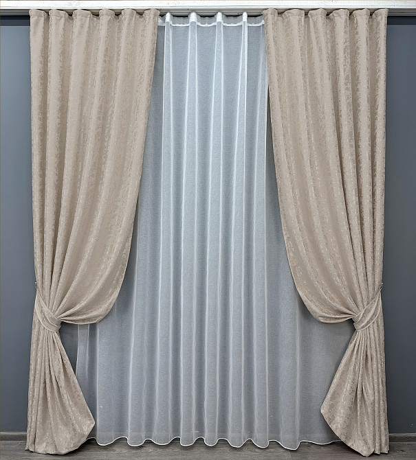 Комплект штор VR-Textil Лен Мрамор 200х270 2шт и Тюль 500х270 1767ш-1276т Бежевый с белым 71-019/6 Киев - изображение 1