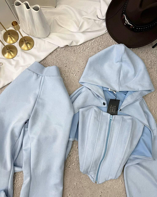 Женский стильный костюм тройка: кофта, корсет и лосины замш на дайвинге Голубой, 42/44 Одесса - изображение 10