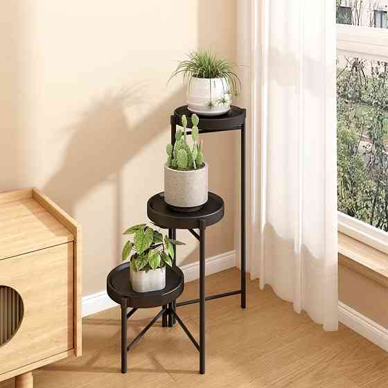 Полка для для растений и цветов металлическа на 3 яруса с кругліми подставками цвет черный Каменец-Подольский