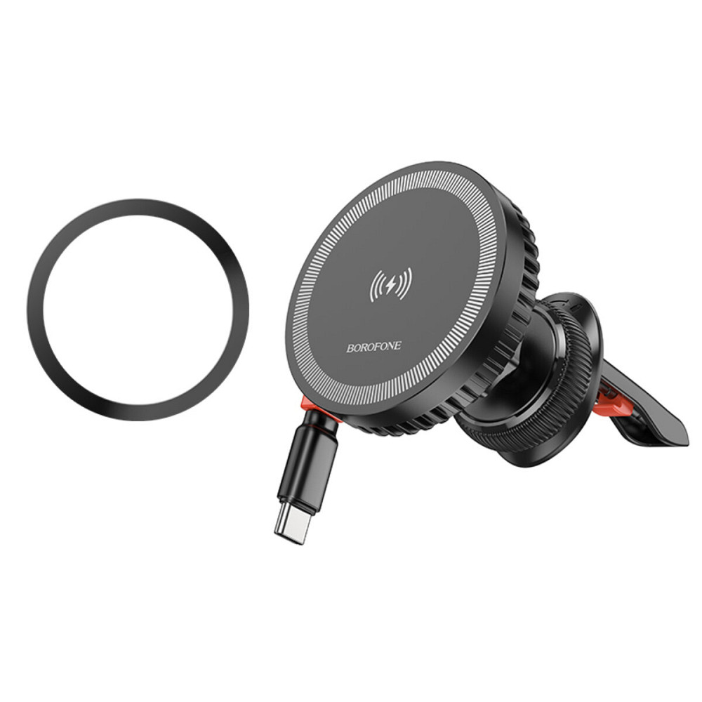 Тримач для мобiльного з БЗП BOROFONE BH207 Mona retractable magnetic wireless fast charging car holder(air outlet) Black (6941991108617) Київ - фото 2