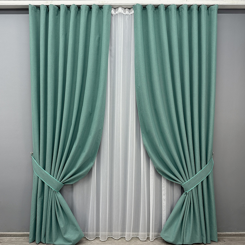 Комплект штор VR-Textil 100% блекаут ASHEN NIGHT 150х270 2шт і Тюль 600х270 1849ш-1153т бірюзовий з білим 71-090/5 Київ - фото 1