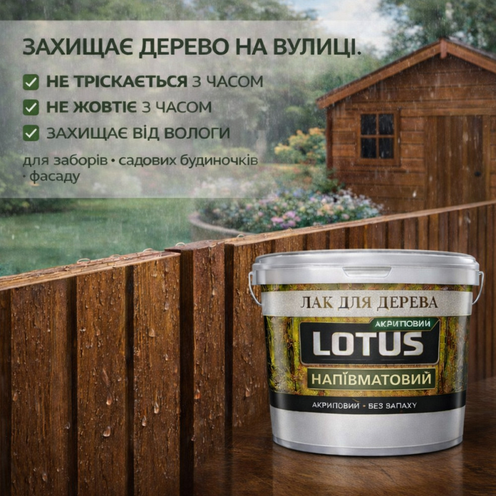 Лак акриловий для дерева LOTUS напівматовий прозорий зносостійкий універсальний для підлоги меблів та фасаду без запаху 10 л Харків - фото 7