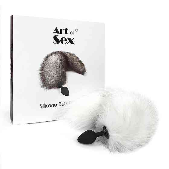 Силіконова анальна пробка з хвостом із натурального хутра Art of Sex size M White fox Sex Aura Київ