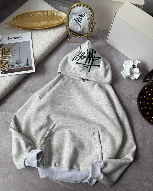 Женское теплое оверсайз худи с капюшоном и карманом кенгуру турецкая трехнить на флисе Одесса - изображение 6