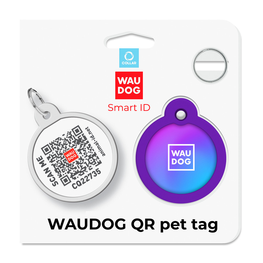 Адресник для собак і котів металевий WAUDOG Smart ID з QR паспортом, малюнок "Градієнт фіолетовий", коло, Д 30 мм Київ - фото 5
